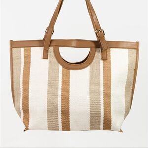 Striped PU Leather Trim Tote Bag